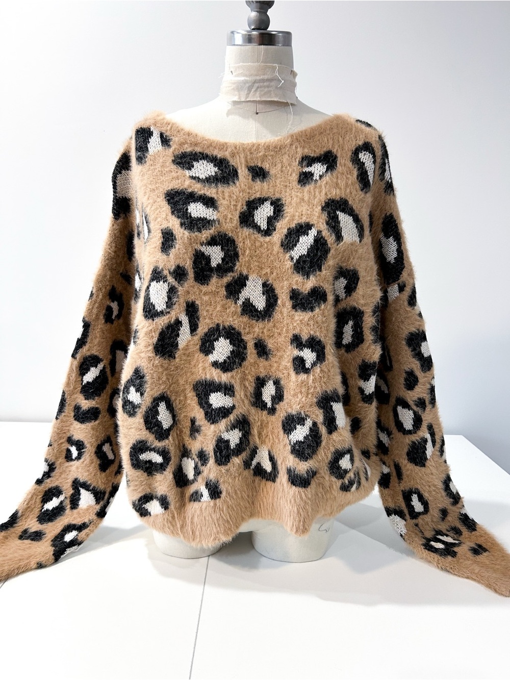 Express Off-the-Shoulder Fuzzy Leopard Sweater - Camel/Black/White